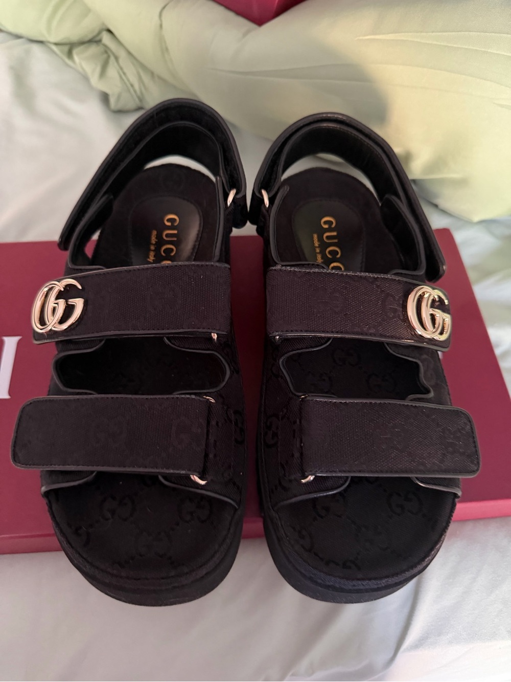 Gucci Black GG Canvas Platform Sandals with Gold Double G - Picture 5 of 9